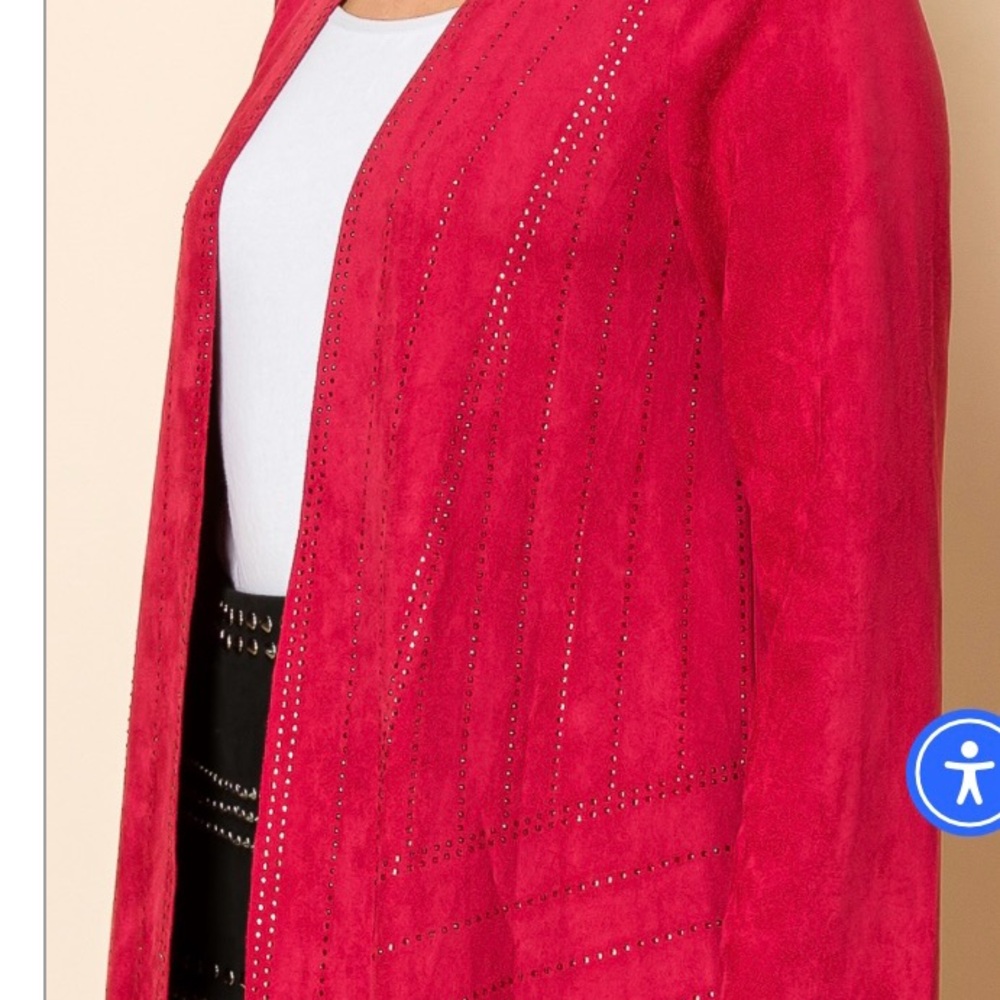 Vocal Open Front Lightweight Red Faux Suede Jacket with matching red bling - Picture 8 of 13